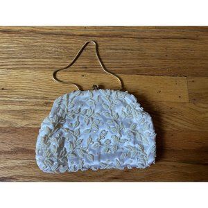 Vintage Off-White Beaded, Sequin + Silk Purse with Gold Chain Made in Hong Kong